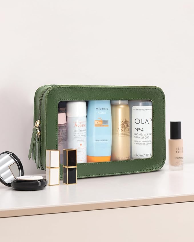 Clear Makeup Bags,TSA Approved Toiletry Bag with Zipper,Sunscreen Bag Clear Makeup Toiletry Pouch Beach Vacation Essentials for Women Teen Girls Gifts(Vintage Green)