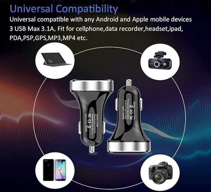 3 USB Car Charger,12V/24V Voltage Meter, Silver | QC3.0 Output 4.8A, Cigarette Lighter Plug Adapter Compatible with iPhone,iPad, Samsung, USB Charging Devices, Silver