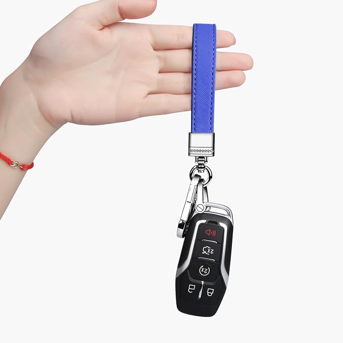 Genuine Leather Car Keychain,Universal Heavy Duty Metal Key Chain Accessories,Car Fob Key Keychain Holder with 360 Degree Rotatable Snap Swivel and Anti-Lost D-Ring for Men Women(Dark Blue)