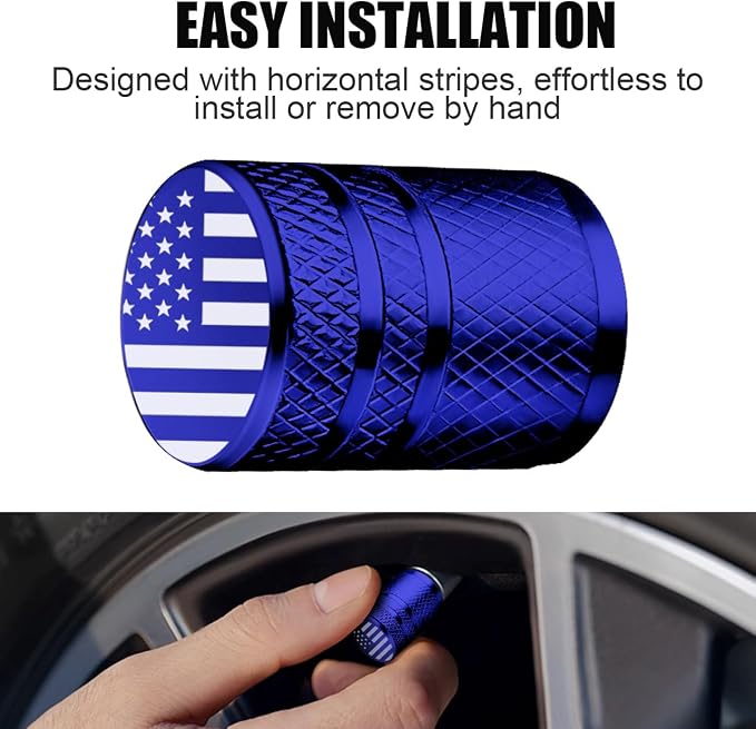 Tire Valve Stem Caps - (4 Pack) American Flag Metal Air Caps with Plastic Liner, Durable, Corrosion Resistant and Leak-Proof, Universal Fit for Cars, Trucks, Motorcycles, and Bikes - Blue