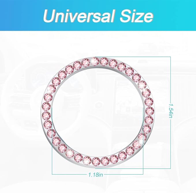 Bling Car Engine Start Ring Decals, 2PCS Crystal Rhinestone Vehicle Push Start Button Cover Sticker, Key Ignition Knob Ring, Sparkling Automotive Interior Accessories (Pink)