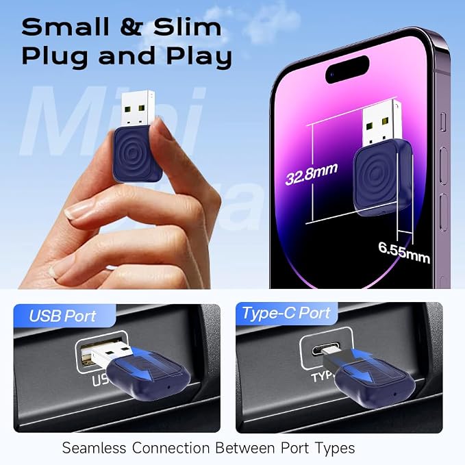 Mini Ultra Wireless CarPlay & Android Auto Adapter - Plug & Play Dongle for iPhone & Android, Convert Wired to Wireless, USB-A/USB-C Fast Connection, Compatible with OEM Wired Cars