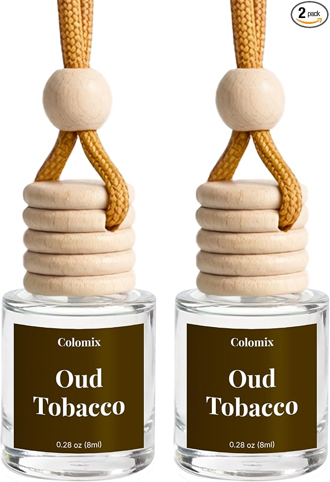 Car Air Freshener Oud Tobacco 2 Packs, Hanging Glass Bottle Auto Odor Eliminator, Long Lasting Natural Scent for Car Home Office