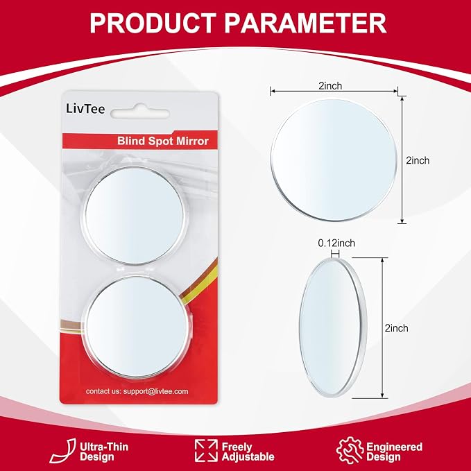 Blind Spot Mirror, 2" Round HD Glass Convex with Rustproof Aluminum Frame, Self-Adhesive for Cars, SUVs & Trucks, Pack of 2