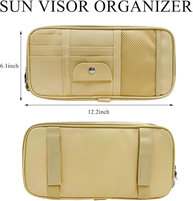Car Sun Visor Organizer, Double Zipper Leather Visor Storage Pouch with Multi-Pocket, Sunglass Holder Storage Pocket with Elastic Band for Cars SUVs Trucks, Car Accessories (Beige)