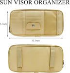 Car Sun Visor Organizer, Double Zipper Leather Visor Storage Pouch with Multi-Pocket, Sunglass Holder Storage Pocket with Elastic Band for Cars SUVs Trucks, Car Accessories (Beige)