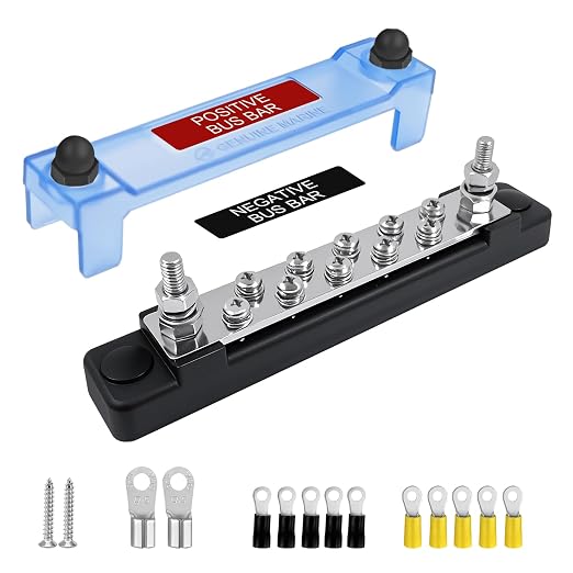 M6 Marine Buss Bars 12V Waterproof Battery Distribution Block 150A Power Terminal Block with 2 x M6 Posts,10 x M4 Terminal Screws, Negative Ground Bar for RV, Solar Wiring