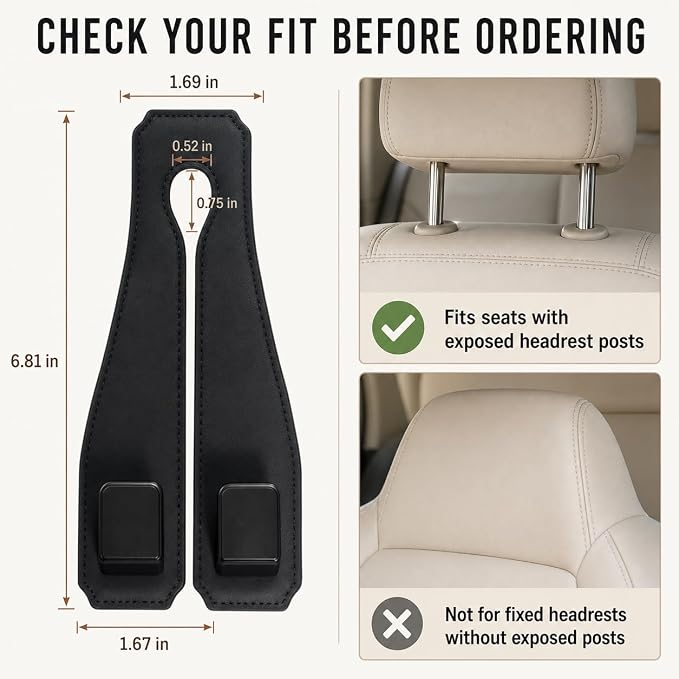 Car Headrest Hooks, 2 Pack 360° Rotating Double Hooks with Leather-Wrapped Metal Core, Heavy Duty Seat Back Purse Holder for Handbags, Grocery Bags and Backpacks, Black