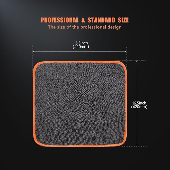 Microfiber Car Drying Towels, Cleaning Cloth Towels, Twist Pile Rapid Drying Orange Edge Car Microfiber Towels for Car Detailing, Pack of 3, 16.5 x 16.5 Inch, 600 GSM, Gray-MT040