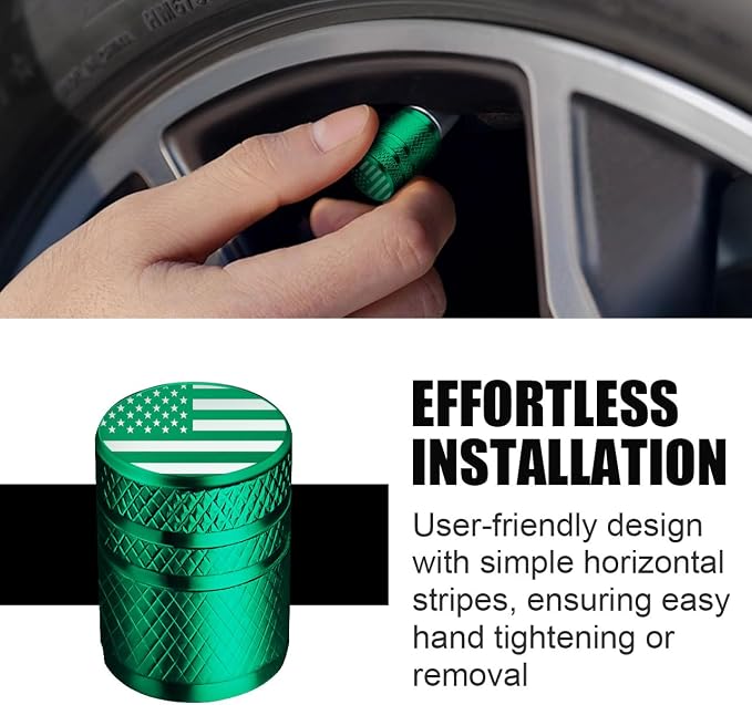 American Flag Tire Valve Stem Caps - (5 Pack) Metal Air Caps with Plastic Liner, Corrosion Resistant, Leak-Proof, Universal Stem Covers for Cars Trucks Motorcycles and Bikes - Green
