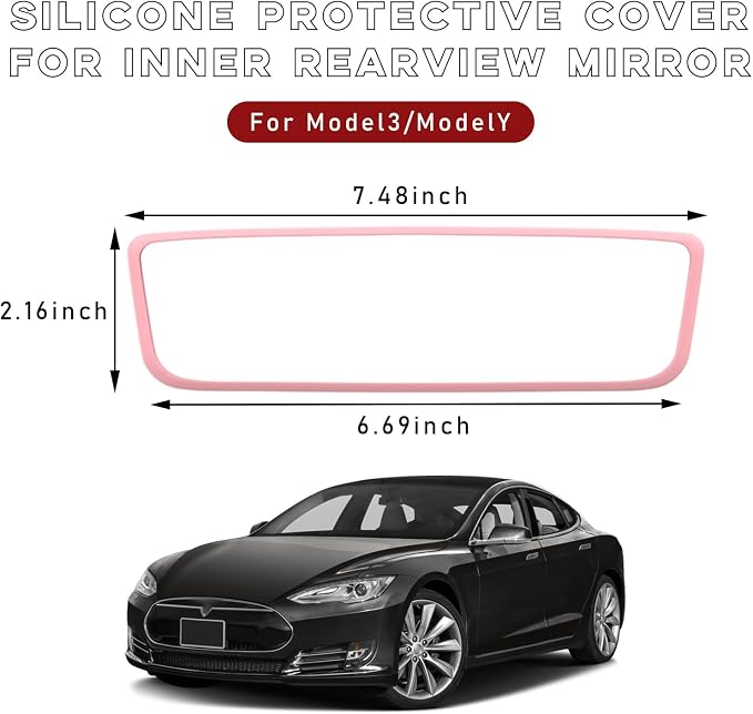 Car Rear View Mirror Protector Frame, Silicone Auto Rearview Edge Protection Cover Compatible with Model 3 Model Y, Interior Rear View Trim Frame Decoration, Car Accessories (Pink)