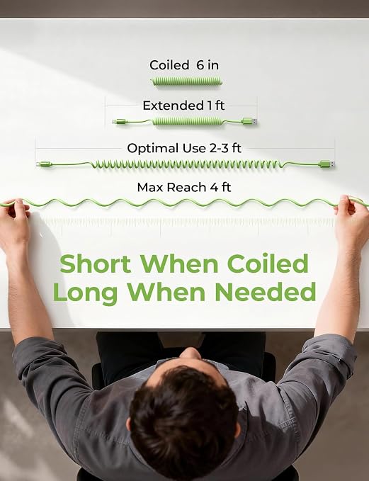 Coiled USB C Cable, 2 Pack for Android Auto & CarPlay Cable, Short USB A to USB C Cable Compatible with iPhone 17/16/15, Samsung Galaxy S25/S24/S23 A15/A14, Google Pixel 9/8, Green 4FT