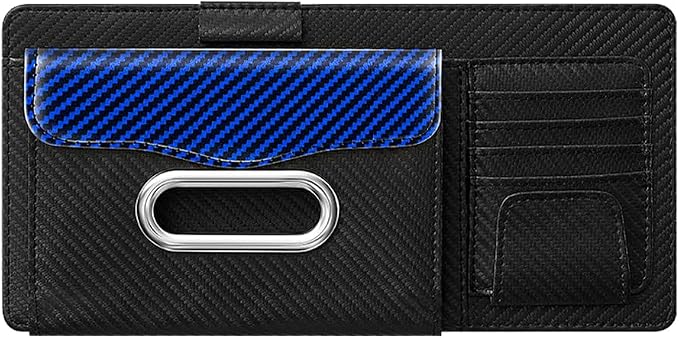 Car Sun Visor Organizer, Carbon Fiber Visor Glasses Tissue Card Holder Storage Pocket Pouch, Multifunctional Auto Sunshade Organizer Case Bag for Pens Documents Napkin, Universal Fit (Blue)