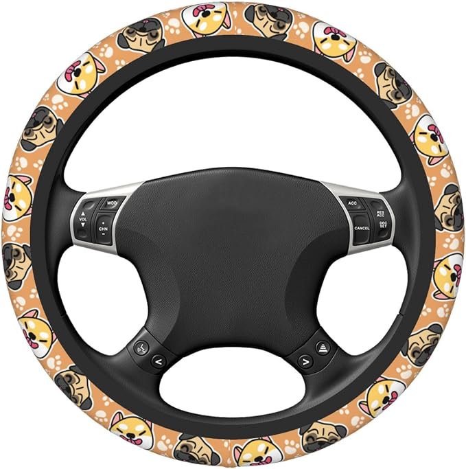 Cute Dog Print Neoprene Steering Wheel Cover Anti-Slip Elastic Pet Face Steering Wheel Protective Cover 15in Universal Car Accessories Fit Cars, SUVs, Auto