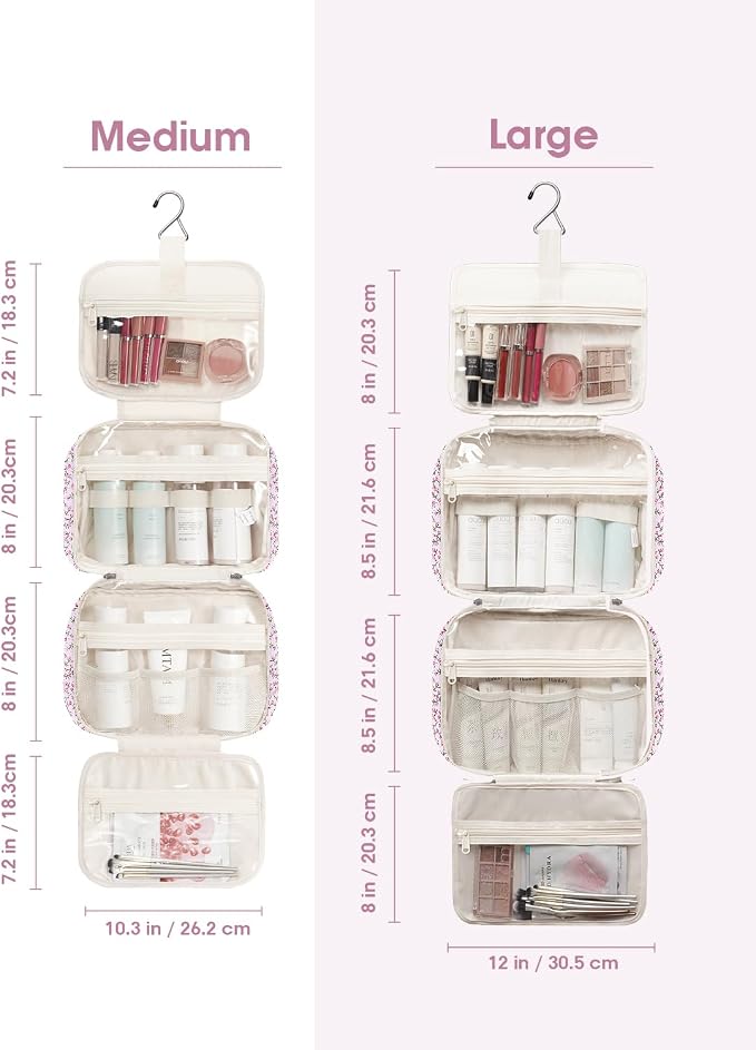Hanging Toiletry Bag for Women Travel Makeup Bag Organizer Toiletries Bag for Travel Size Essentials Accessories Cosmetics (Pink Flower (Medium))