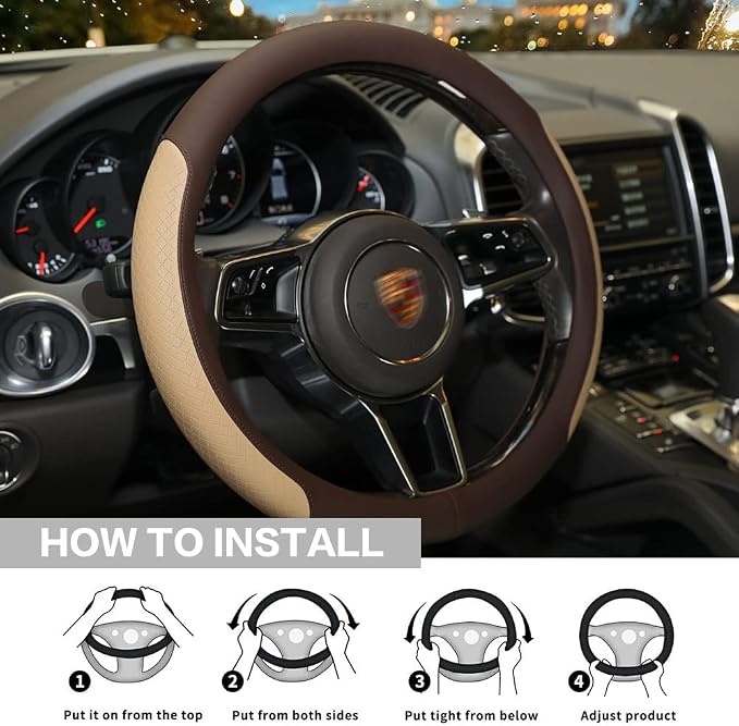 Steering Wheel Cover, Microfiber Leather Splicing with Classic Embossing,Contrasting Colors Anti-Slip Breathable Auto Car Steering Wheel Cover Fit 15 Inch Car Wheel Protector (Coffee&Beige)