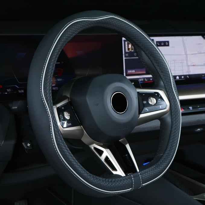 Flat Bottom Steering Wheel Cover Anti-Slip,Safety,Soft,Breathable,Durable,Full Surround,Comfortable Grip Microfiber Leather (D Shape, Black Gray)