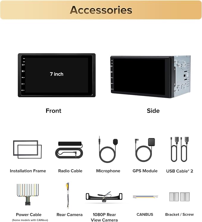 7 Inch Android 13 Double Din Car Stereo | Wireless CarPlay Android auto Mirror Link,Bluetooth,GPS,WIF, Android 13,FM/AM Tuners,Include 1080P Cam,Retain OEM SWC+Cam