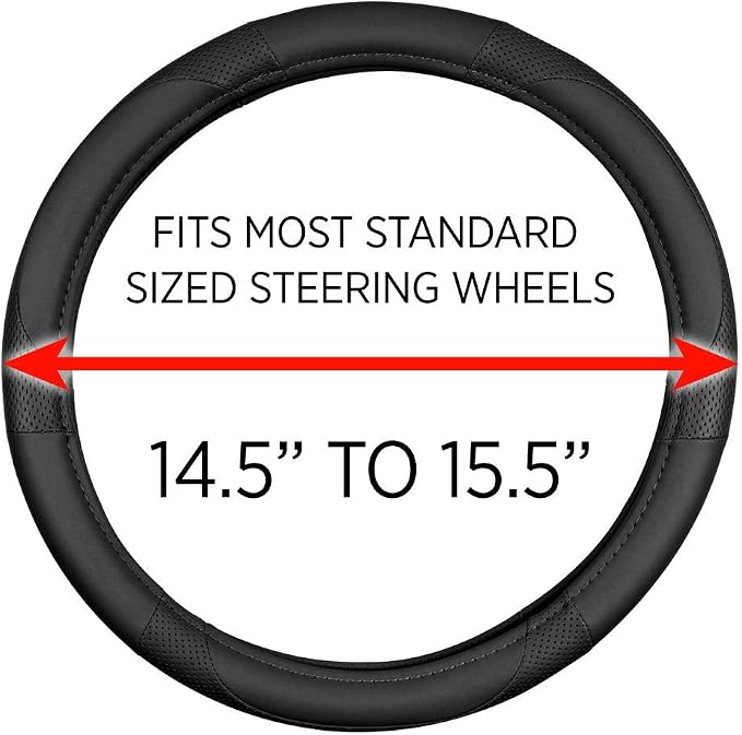 Perforated Microfiber Leather Steering Wheel Cover for Cars Trucks SUVs Vans, Sporty Racing Improved Grip Anti-Fatigue Ergonomic Design, Airbag Compatible - Fits Standard 15" Inch - Black