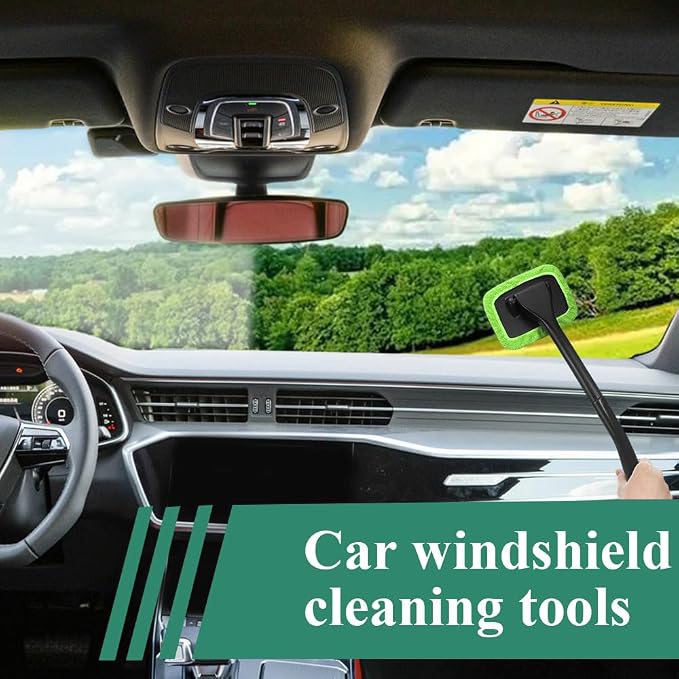 Windshield Cleaning Tool, Extendable Handle Car Window Cleaner with 4 Reusable Microfiber Pads, Auto Inside Glass Wiper for Car Windscreen Cleaning
