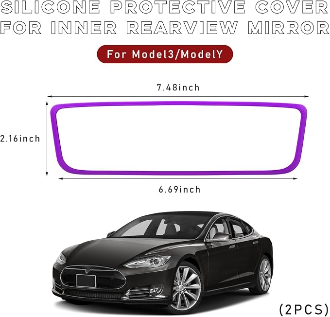 Car Rear View Mirror Protector Frame, Silicone Auto Rearview Edge Protection Cover Compatible with Model 3 Model Y, Interior Rear View Trim Frame Decoration, Car Accessories (Purple-2PCS)