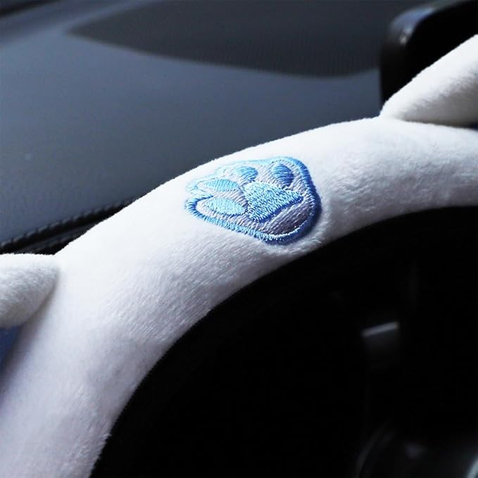 Car Steering Wheel Cover, Fluffy Soft Plush for Winter Warm, Cute Steering Wheel Protector with Kitty Cat Ears, Universal 15 Inch, Elastic & Anti-Slip, Lovely Decor Car Accessories (Blue)