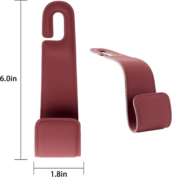 Leather Car headrest Hook for Purses and Bags (Red, 2pcs) | Leather wrap hook with Larger strap holder, friendly to your leather purse. Strong load up to 44lbs.