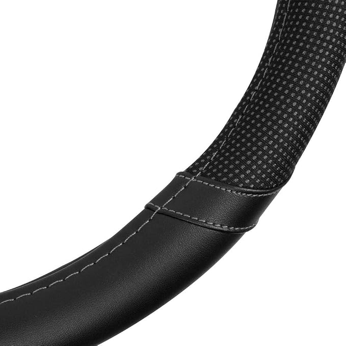 White Steering Wheel Cover - Dotted Comfort Polyester Grip on Stitched Synthetic Leather, White/Black