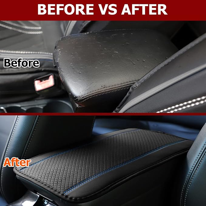 Car Armrest Storage Box Mat, Fiber Leather Car Center Console Cover, Car Armrest Seat Box Cover Accessories Interior Protection for Most Vehicle, SUV, Truck, Car (Black/Blue)