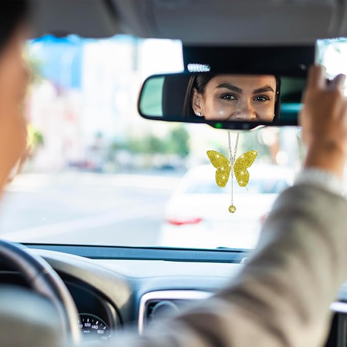 Bling Butterfly Diamond Car Accessories, Crystal Car Rear View Mirror Charms for Women, Car Decoration Lucky Gifts Hanging Interior Crystal Ornament Pendant Decor for All Cars (Yellow)