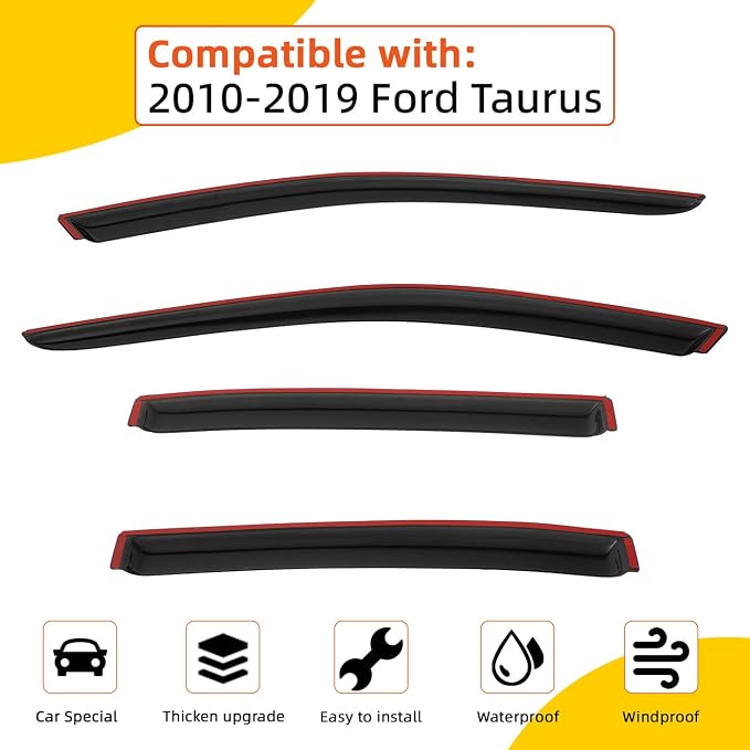 Rain Guards Compatible with 2010-2019 Ford Taurus Tape-On Side Window Visor Wind Deflector Vent Visors Shades Car Accessories 4pcs