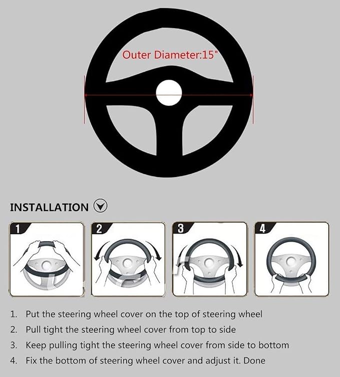 Steering Wheel Covers Universal 15 inch - Genuine Leather, Breathable, Anti Slip & Odor Free (White Line, M(14" 1/2-15" 1/4))
