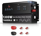 1300W Pure Sine Wave Power Inverter 12V DC to 110V 120V AC for Solar, Truck | Inverter for Car with 4 AC Outlets & 4 USB (30W QC & PD), LCD Display, 2600W Peak, Car Converter for RV Home Off-Grid Camping