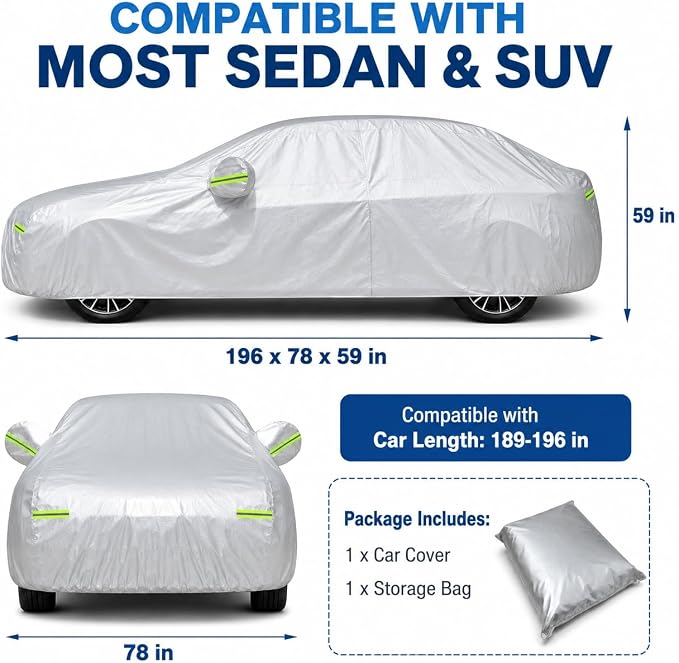 Car Cover 196"×78"×59" Waterproof All-Weather Sedan Cover Outdoor Indoor with Zipper Door & Windproof Straps | UV Snow Dust Protection Fit for Toyota Camry Honda Accord Kia K5 Altima