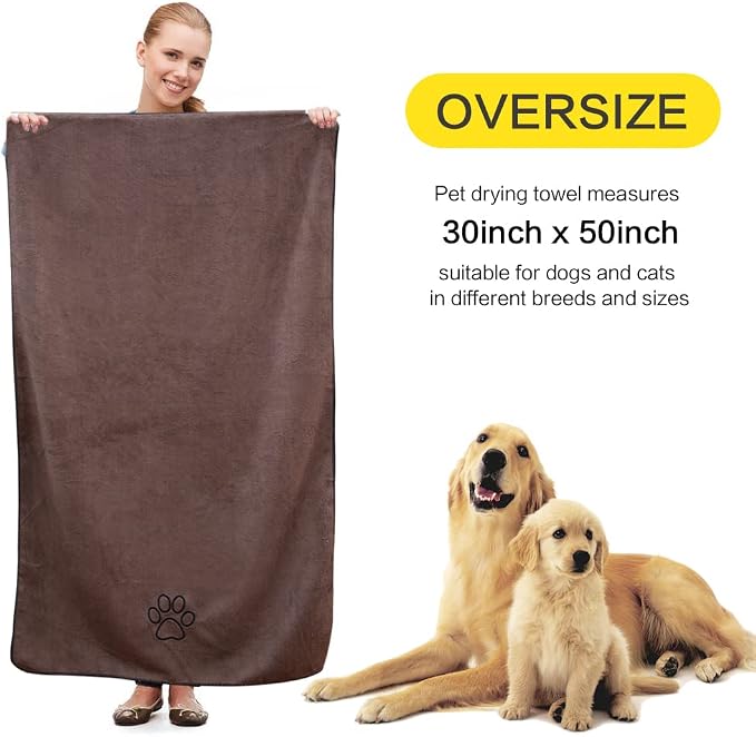 Dog Towel Super Absorbent Pet Bath Towel Microfiber Dog Drying Towel for Small, Medium, Large Dogs and Cats 30inch x 50inch Brown