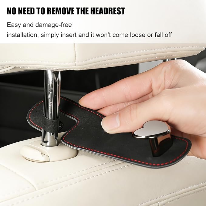 2PCS Car Seat Headrest Hook, Cute Heart Vehicle Backseat Purse Bag Hanger Organizer, Auto Seat Back Storage Holder for Groceries Coats Umbrellas, Universal for Vehicles (Black)