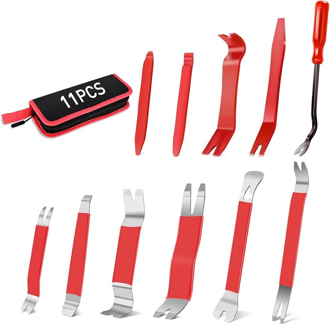 11PCS Trim Removal Tool Kit, Metal & Nylon Pry Tools Set for Car Door Panel, Dashboard, Audio, Clips, Fastener Remover w/Storage Box – Red