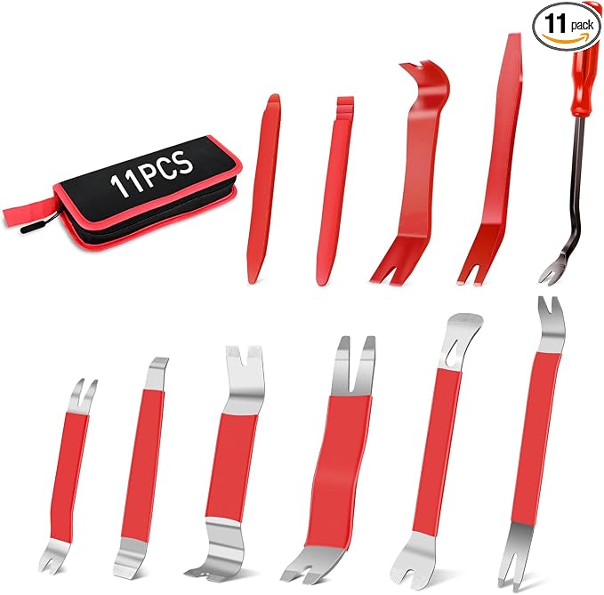 11PCS Trim Removal Tool Kit, Metal & Nylon Pry Tools Set for Car Door Panel, Dashboard, Audio, Clips, Fastener Remover w/Storage Box – Red