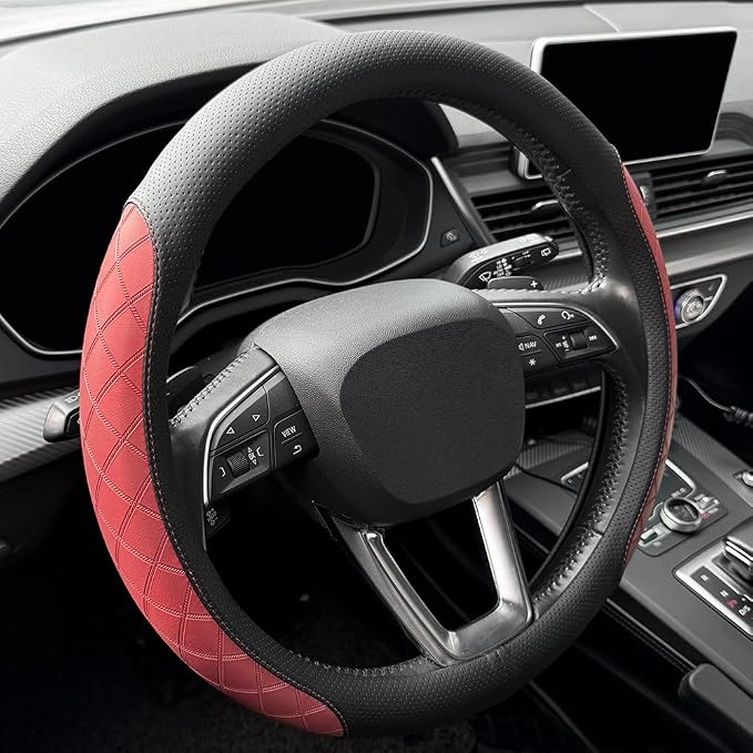 Nappa Leather Steering Wheel Cover,Elegant Diamond Checkered Design, Non-Slip wear-Resistant, Enhance Driving Comfort, Suitable for Steering Wheel Diameter 14 1/2‘-15’ Models