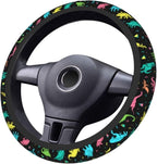 Dinosaurs Colors Cartoon Dinos in Neon Steering Wheel Cover Car Accessories Cute for Women Girls Girly Universal 15 Inch Neoprene Auto Interior Decor Anti Slip Car Truck Protector