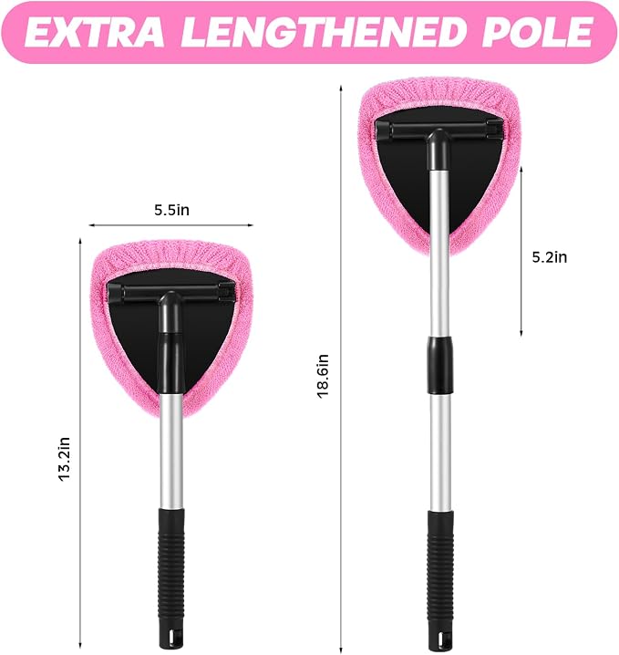 10 Pcs Windshield Cleaner Tool Car Window Cleaning Supplies with Extendable Handle Include 6 Washable Microfiber Bonnets 2 Empty 60ml Spray Bottle Glass Wiper Kit(Pink)
