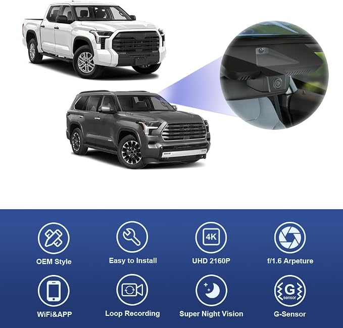 4K Dash Cam Suitable for Toyota Tundra 2022-2026 Hybrid & Sequoia 2023-2026 (Gen3), OEM Factory Look, 2160P UHD Video, Built-in WiFi & APP, Loop Recording, G-Sensor, Plug & Play, 64GB Card