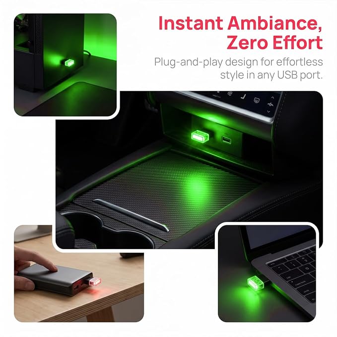 2PCS USB LED Car Interior Atmosphere Lamp, Portable Mini, Green | 5V USB-A plug-in, soft accent glow, no wiring, decor night light, car accessories for cars, SUVs, trucks