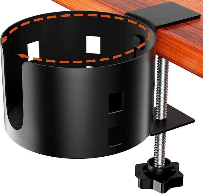 Upgraded Large Desk Cup Holder Clamp, Anti-Spill Table Cup Holder, Metal Office & PC Gaming Desk Accessories, Compatible with Universal Cup, Bottles, Pencil Holder (Black)