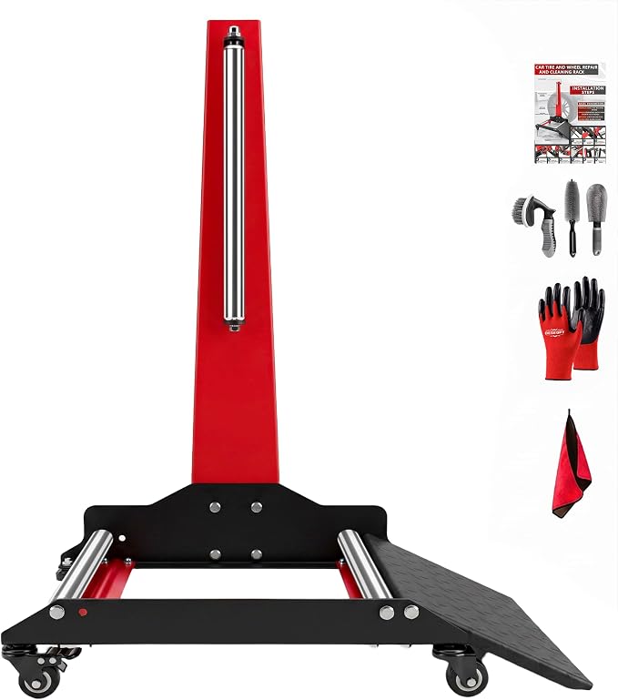 Rolling Wheel Detailing Stand – Heavy-Duty Tire Cleaning and Polishing Roller with 3-Way Rotating Rollers for Ceramic Coating, Tire Shine, Car Wheel Wash – Garage Accessory for Auto Detailers