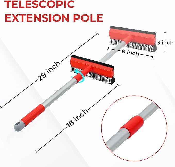 Windshield Cleaner Tool 2 in 1 Car Window Squeegee with Extendable Handle (18"-28.5") Window Cleaner with Squeegee and Sponge for Shower, Glass Cleaning