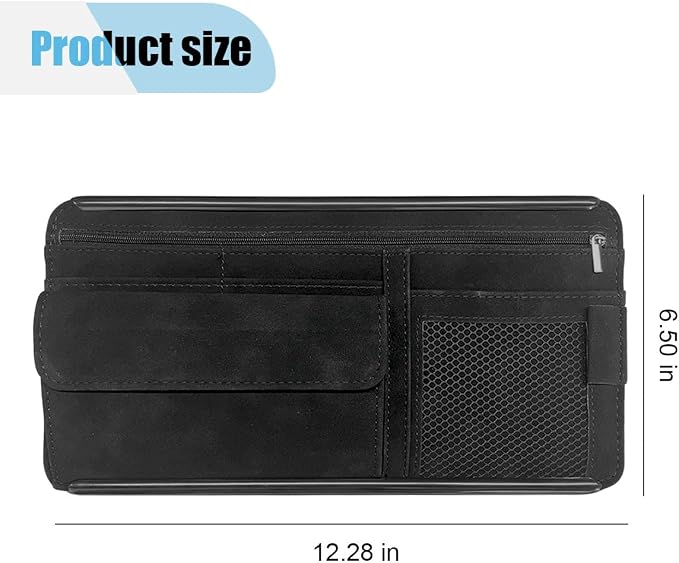 Suede Car Sun Visor Organizer with Multi-Pocket Net Zipper, Glasses Case, Sunglass Holder for Interior Accessories (Black)