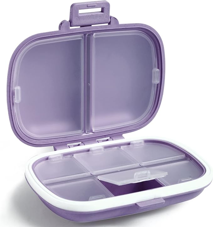 Holii Travel Pill Organizer, 8 Compartments Portable Pill Case, Daily Pill Box to Hold Vitamins, Small Pill Container for Pocket Purse Medicine Organizer（Purple）