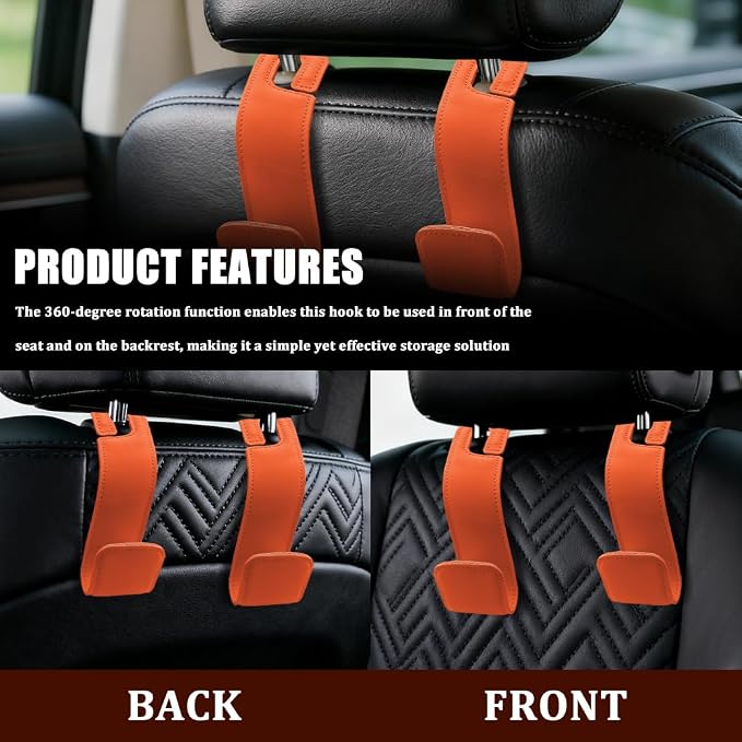 2PCS Car Seat Headrest Hooks, Purse Hook for Car, Automotive Headrest Handbags Holder, Auto Accessories Leather Seatback Organizer Hanger for Hanging Purses Bags Coats (Orange, 1PCS)