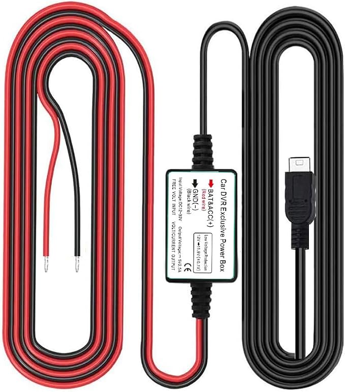 Dash Cam Hardwire Kit, Micro USB Port, DC 12V - 24V to 5V/2.5A Max Car Charger Cable kit with Fuse, Low Voltage Protection for Dash Cam Cameras